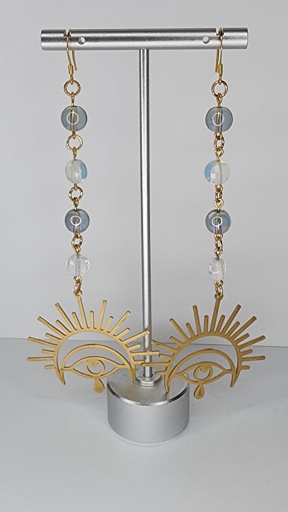 Long Dangle Earrings, Eye of Horus, Handmade Jewelry, 18K Gold Plated, Opalite Beads, AB Beads, Witchy, Boho Jewelry, Magical, Celestial