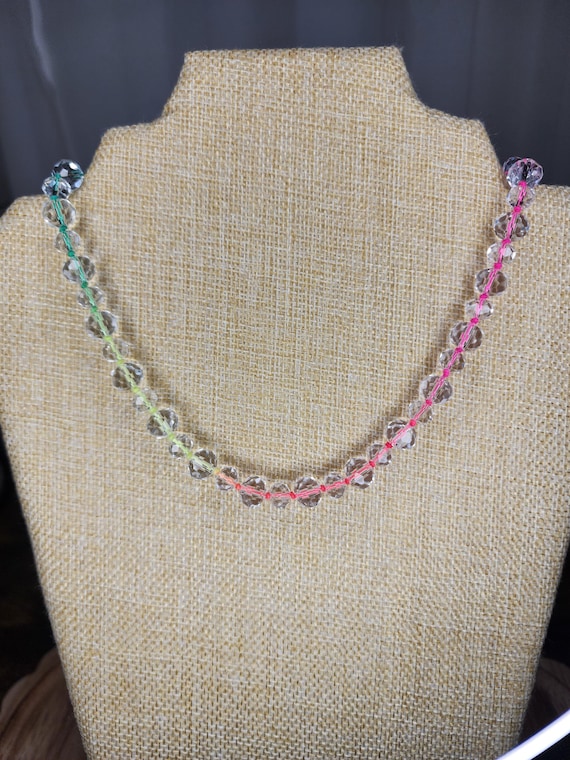 Hand Knotted Rainbow Necklace, Clear Crystals, Gifts for Her, Valentines, Handmade Jewelry, Fun Necklaces