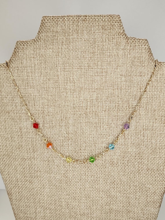 Rainbow Crystal Necklace, Handmade Jewelry, Gifts for Her, Valentines, Gold or Silver, 16" Length