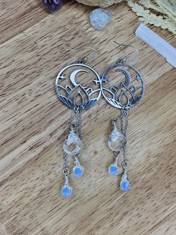 Clear Quartz and Opalite Dangle Earrings, Sterling Silver Earwires, Stainless Steel, Celestial, Moon, Stars, Wirewrapped, Witchy, Handmade