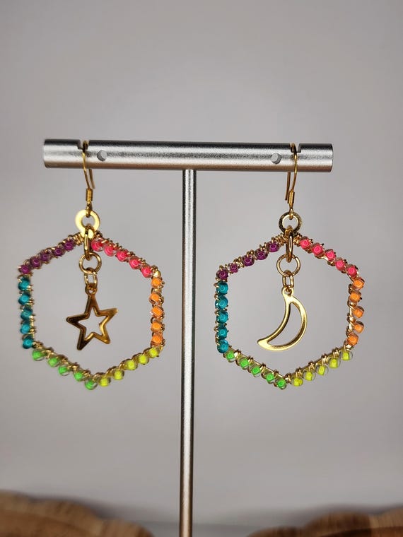 Rainbow Wirewrapped Sun and Moon Earrings, Handmade Jewelry, Gifts for Her, Gold, Octagon Hoops