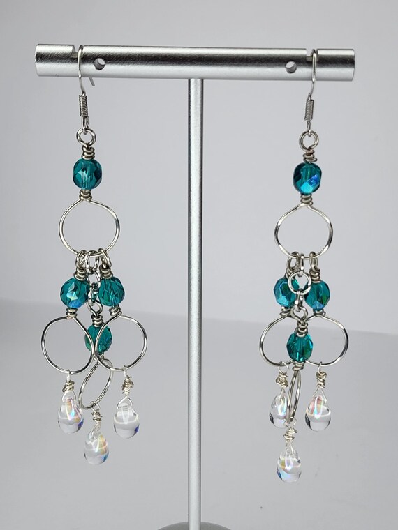 Wirewrapped Blue Czech Glass and AB Glass Bead Earrings, Handcrafted Jewelry, , Fairy, Whimsical, Silver
