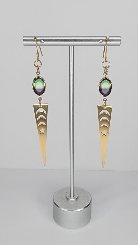 18K Gold Plated Earrings, Green and Purple Crystals, Handmade Jewelry, Gold Points, Moons, Stars, Witchy Vibes, Boho, Dangles