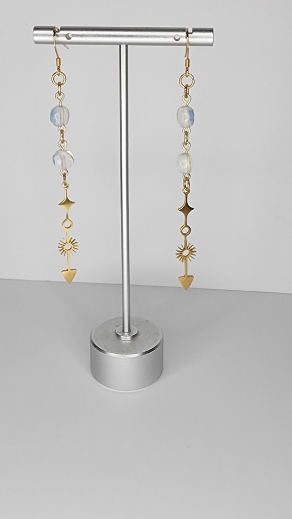 Golden Arrow Earrings, Boho Jewelry, Witchy Vibes, Dangly, Handmade, 18K Gold Plated, Opalite Beads, Long, Magical, Celestial