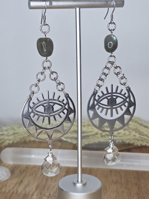 Flashy Labradorite and Wirewrapped Faceted Clear Quartz Earrings, Moons, Eyes, Silver, Celestial, Witchy, Unique Gift