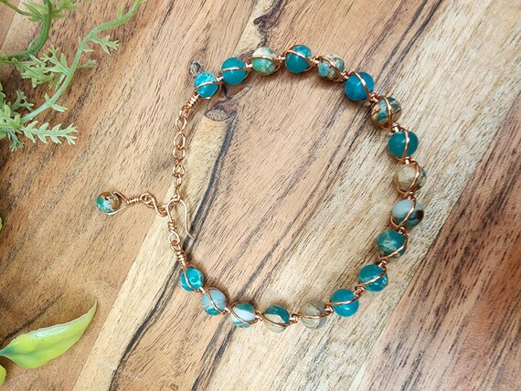 Jasper Wirewrapped Bracelet, Copper, Handmade Jewelry, Gifts for Her, Artisan, Adjustable, Ocean