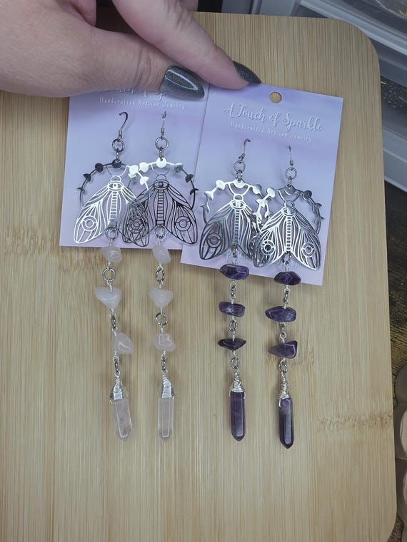 Amethyst OR Rose Quartz Wirewrapped Earrings, Celestial Moths, Moon, Gemstones, Crystals, Handmade Jewelry, Stainless Steel, Silver, Witchy