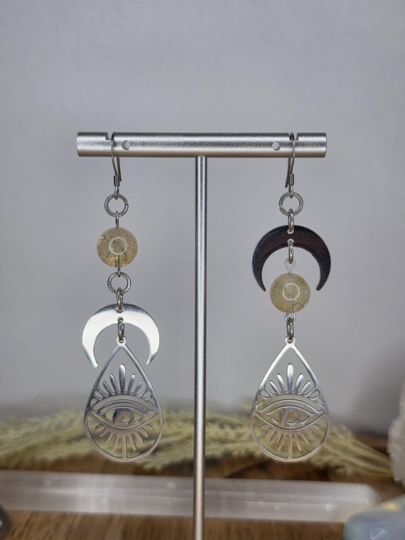 Celestial Citrine Earrings, Moons, Eyes, Silver, Handmade Jewelry, Long Earrings, Gemstone Jewelry
