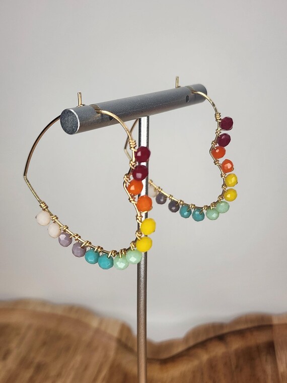 Wirewrapped Beaded Gold Heart Hoops, Handmade Jewelry, Earrings, Rainbows, Gifts for Her, Valentines