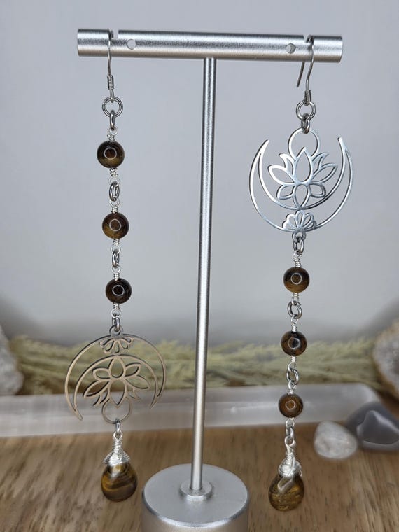 Tigers Eye Earrings, Handmade Jewelry, Unique Gifts, Moons, Lotus Flowers, Silver, Wirewrapped, Mismatched Look