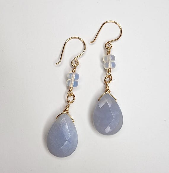 Chalcedony and Opalite Earrings, Handmade Jewelry, Gifts for Her, Gemstone Earrings, Gold, Blue, Dangles