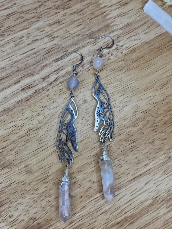 Wirewrapped Flower Agate Points  and Agate Beads with Celestial Hands Earrings, Stainless Steel, Handmade Jewelry, Gifts for Her, Witchy