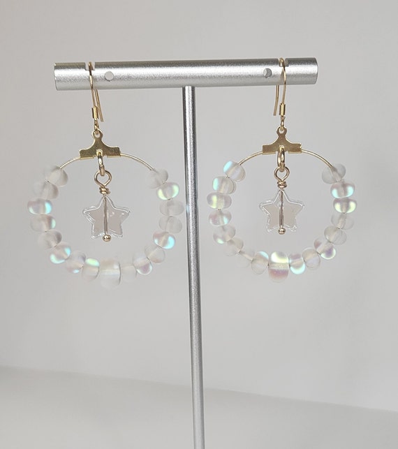 Mermaid Glass Beads, 18K Gold Plated Hoop Earrings, Aurora Borealis Wirewrapped Star