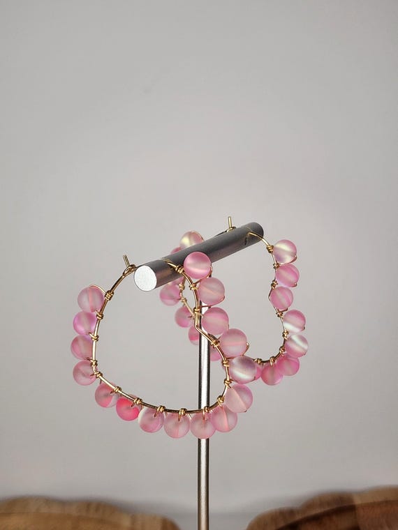 Wirewrapped Mermaid Glass Beaded Heart Hoop Earrings, Handmade Jewelry, Gifts for Her, Pink, Gold, Valentines