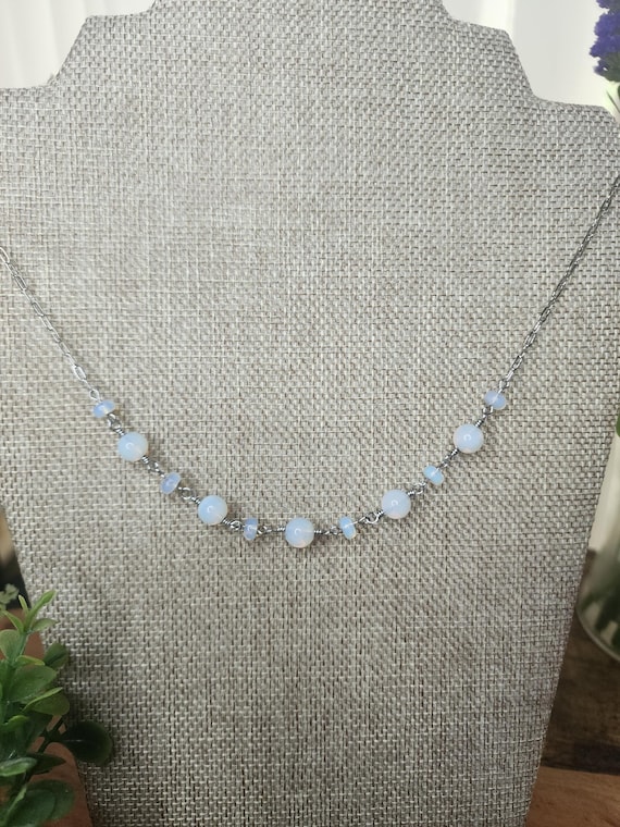 Opalite Wirewrapped Necklace, Silver, Toggle Clasp, Handmade Jewelry, Gifts for Her