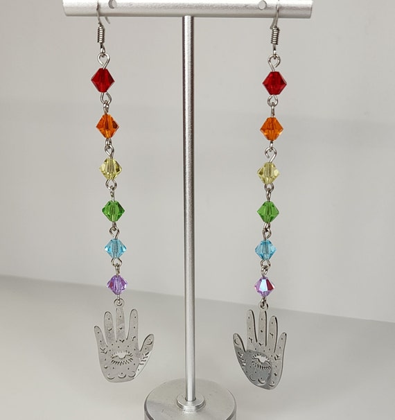 Rainbow Crystals with Hamsa Hands, Celestial Earrings, Sun, Moon, Stars, Handcrafted, Handmade