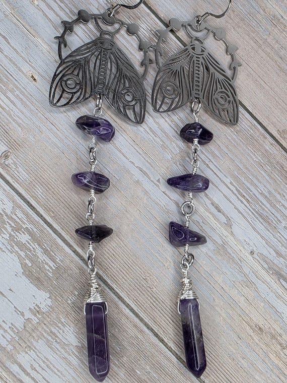 Amethyst and Stainless Steel Wirewrapped Earrings, Celestial Moths, Moon, Gemstones, Crystals, Handmade