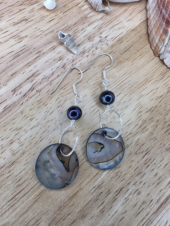 Natural Shell and Black Pearl Earrings with Sterling Silver Earwires, Wirewrapped, Handmade Jewelry, Beachy, Ocean, Gifts for Her