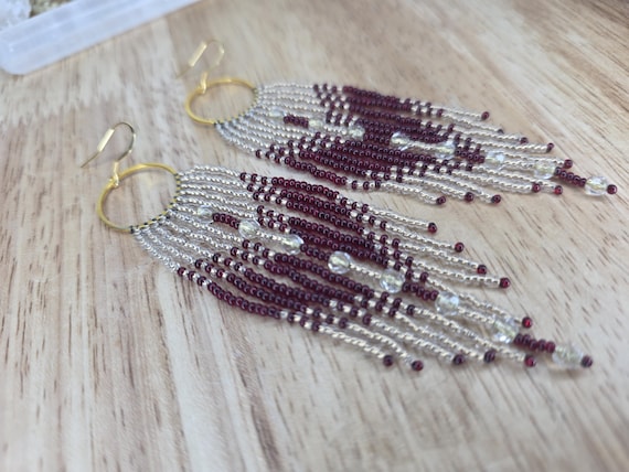 Garnet and Gold Hand Beaded Fringe Earrings, Handmade Jewelry, Unique Gifts, School Pride, Czech Glass Beads