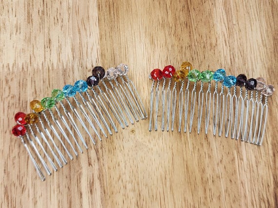 Wirewrapped Rainbow Side Combs for Hair Crystals, Handmade, Gifts for Her, Silver, Whimsical