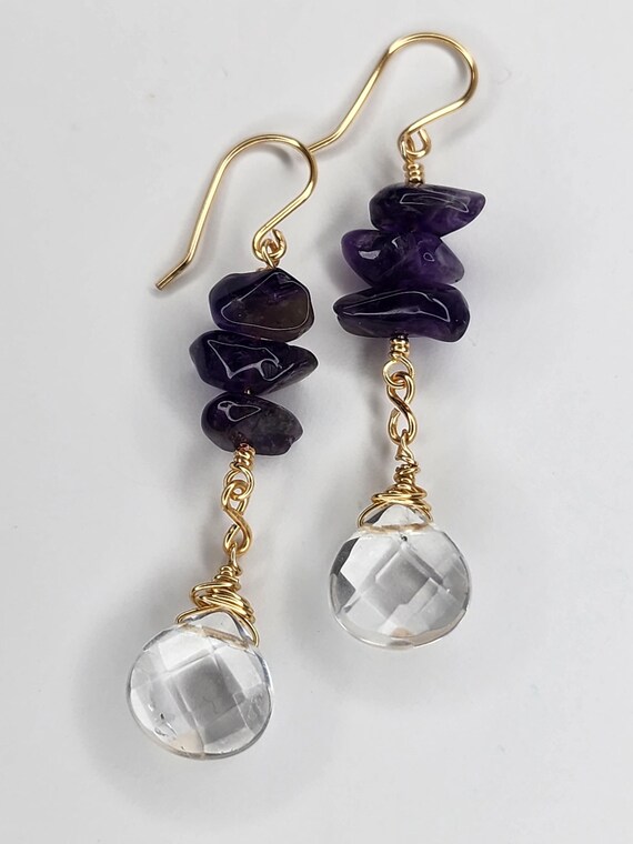 Amethyst and Clear Quartz Drops Earrings, Gold, Handmade Jewelry, Gifts for Her, Gemstones, Wirewrapped