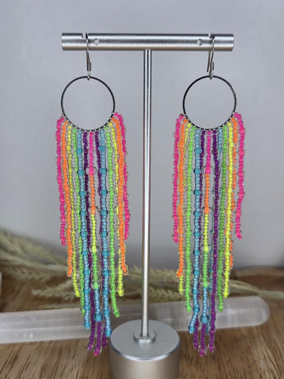 Rainbow Beaded Fringe Earrings, Y2K, Handmade Jewelry, Gifts for Her, Funky, Unique