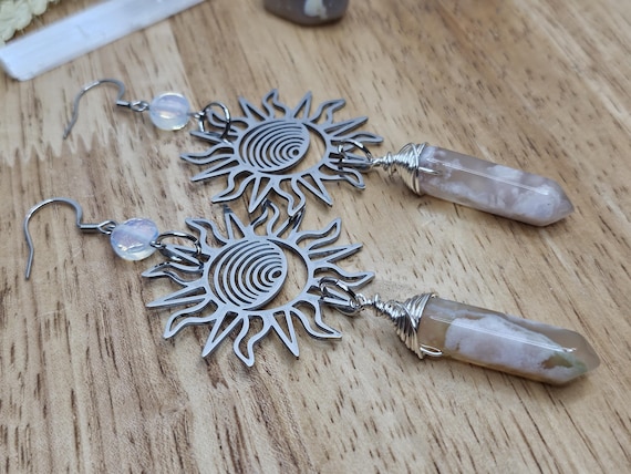 Flower Agate and Opalite Sun/Moon Earrings, Stainless Steel, Handmade Jewelry, Celestial, Witchy, Wirewrapped, Unique Gifts, Silver
