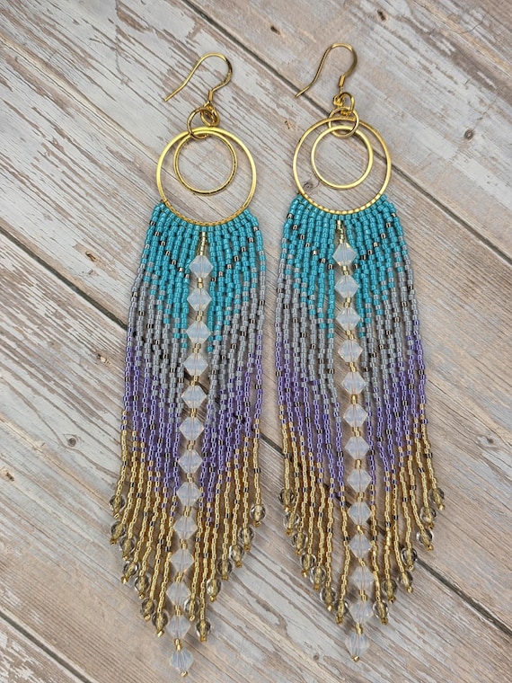 Hand Beaded Fringe Earrings, Opalite, Miyuki Delica Beads, Handmade Jewelry, Unique Gifts, Gold, Long Earrings