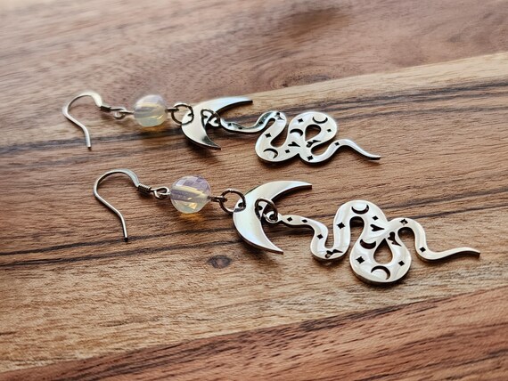 Witchy Snake Earrings, Opalite Beads, Long, Fairy, Mystical, Celestial Jewelry, Moons and Stars