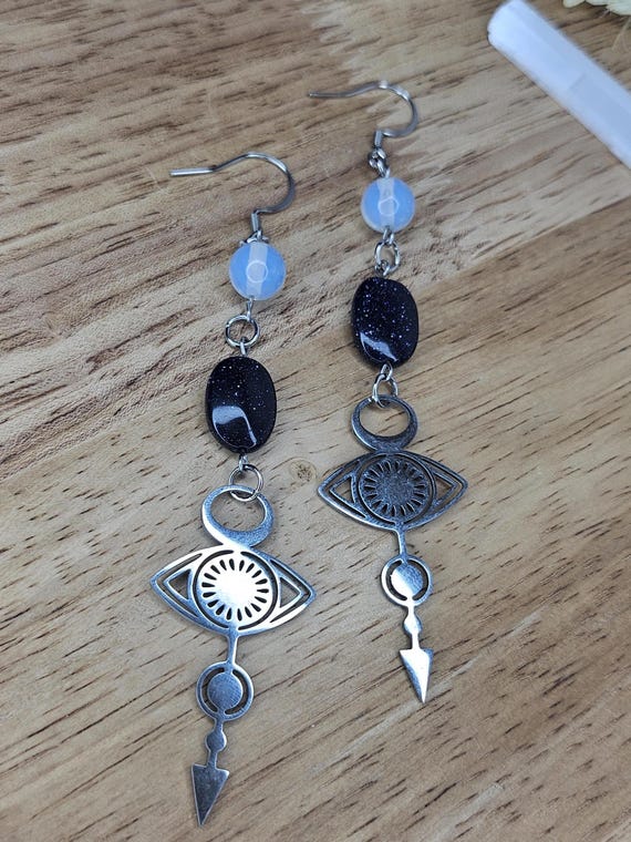 Opalite and Blue Sandstone Earrings, Eye of Horus, Celestial, Witchy, Handmade Jewelry, Gifts for Her