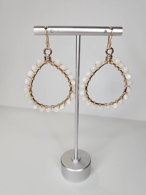 White Shell Beaded Earrings, Wirewrapped, Hoops, Handmade Jewelry, Gold, Gifts for Her, Valentines