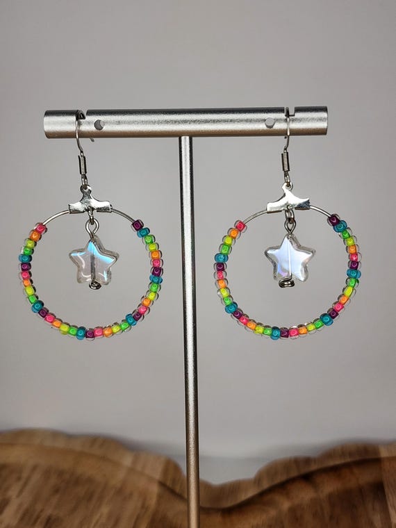 Rainbow Beaded Hoop Earrings, AB Stars, Czech Glass, Handmade Jewelry, Gifts for Her, Valentines, Silver