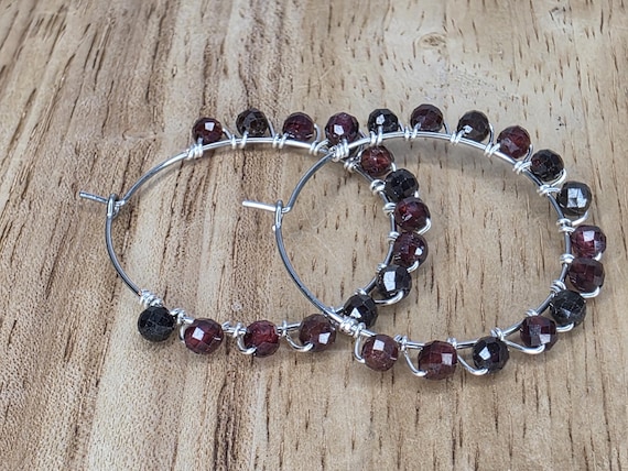 Genuine Faceted Garnet Wirewrapped Earrings, Handmade Jewelry, Silver, Gemstones