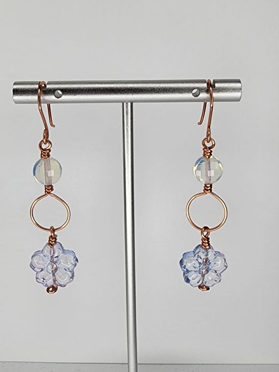 Opalite and Czech Glass Blue Flower Earrings, Wirewrapped, Handmade Jewelry, Artisan, Copper, Gifts for Her