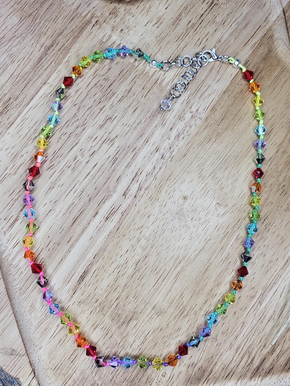 Rainbow Crystal Necklace, Hand Knotted Rainbow Nylon Cord, Handmade, Gifts for Her, Sparkles