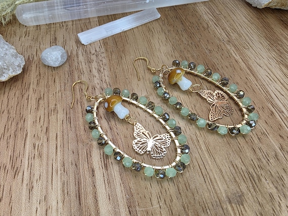 Fairy Butterfly and Mushroom Wirewrapped Earrings, Cottage Core, 18K Gold Plated Earwires, Nature, Witchy, Boho, Handmade Jewelry, Gold