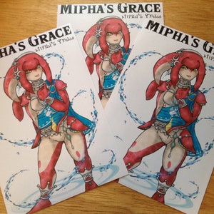 May include: Three prints of a red and blue character with the text "Mipha's Grace" and "Mipha's Tribe" on each print.