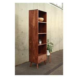 Mid-Century Modern Walnut Bookcase: Solid Hardwood Vinyl Storage