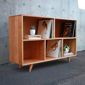 Couzens Vinyl LP Console, 45"W, Bookshelf, Turntable Console, Mid-Century Vinyl Storage (Shown in Cherry)