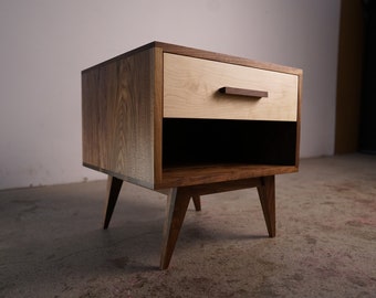 Moline Nightstand, Mid Century Nightstand with Drawer, Solid Hardwood Modern Side Table (Shown in Walnut + Maple)