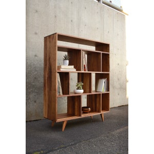 Lopez Vinyl Console, Mid Century Record Storage, Customizable Vinyl Storage, Solid Wood LP Shelf (Shown in Walnut)