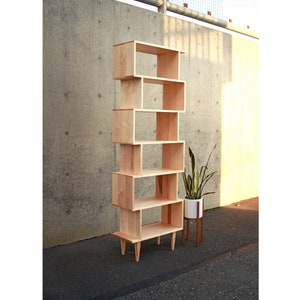 OFFSTACK Bookcase, 7-Tier, Mid Century Bookshelf, Solid Wood Geometric Shelf, Geometric Bookcase (Shown in Maple)