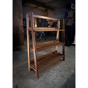 Komiss Modern Slant Bookcase, 3 Shelves, Slanted Bookshelf, Solid Hardwood Slanted Bookcase, Ladder Shelf Shown in Walnut image 1