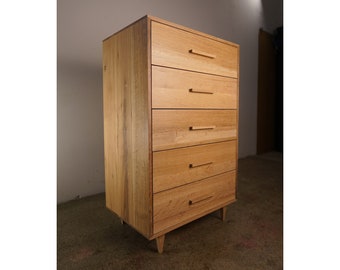 Highboy Dresser, 30"W, 5 Drawer, Mid-Century Dresser, Modern Highboy, Solid Hardwood Dresser (Shown in White Oak)