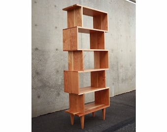 Librería OFFSTACK, 6 niveles, estantería geométrica moderna, librería de tamaño personalizado, estante de madera maciza (se muestra en cerezo)