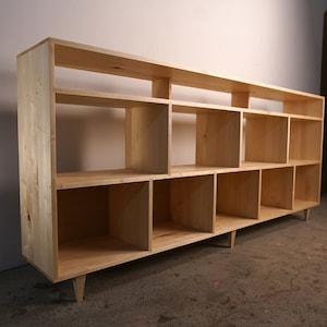 Fields Vinyl Console, 90&quot;W, Solid Hardwood Bookshelf, Vinyl Storage Shelf, Mid-Century Modern Bookcase (Shown in Maple)