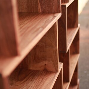 OFFSTACK Bookcase, 6-Tier, Offset Bookcase, Solid Hardwood Staggering Shelf, Geometric Bookshelf Shown in Walnut image 4