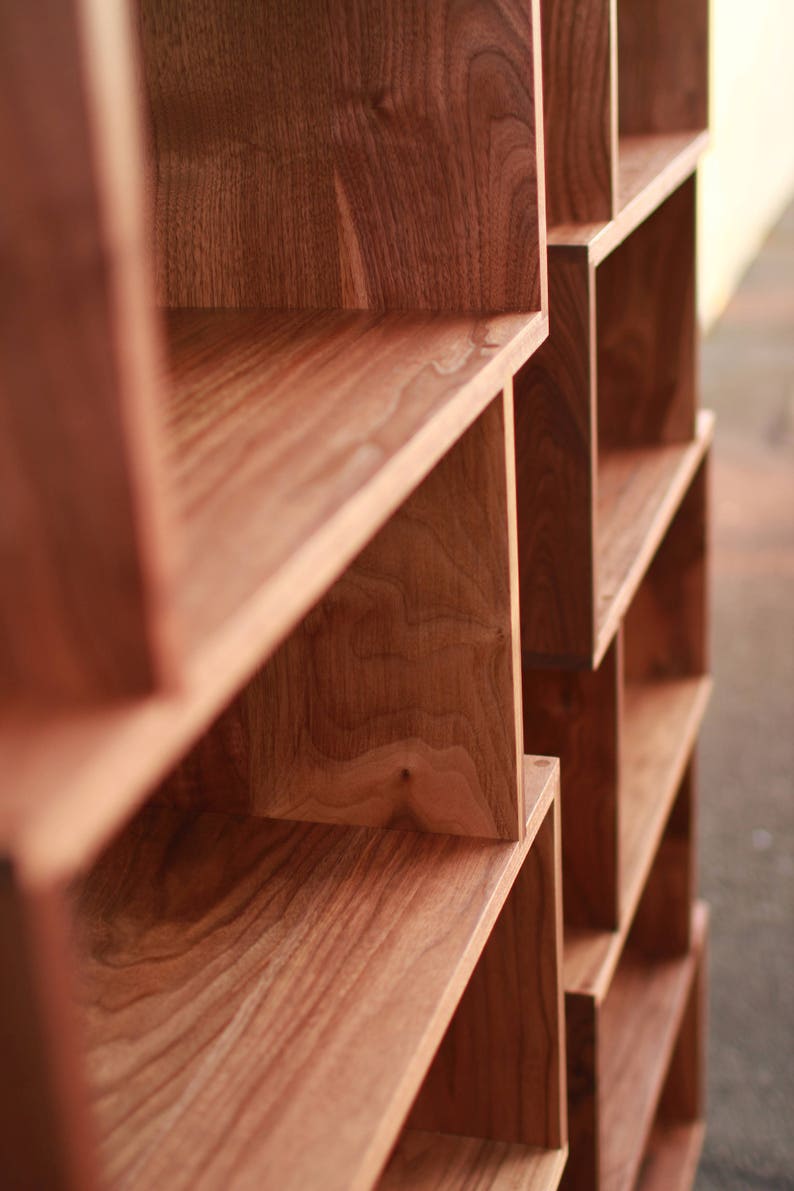 OFFSTACK Bookcase, 6-Tier, Offset Bookcase, Solid Hardwood Staggering Shelf, Geometric Bookshelf Shown in Walnut image 4