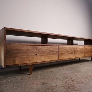 Brooklyn Media Console, 3 Drawer, 84"W, Mid Century TV Credenza, Modern TV Console, Solid Hardwood Credenza (Shown in Walnut)