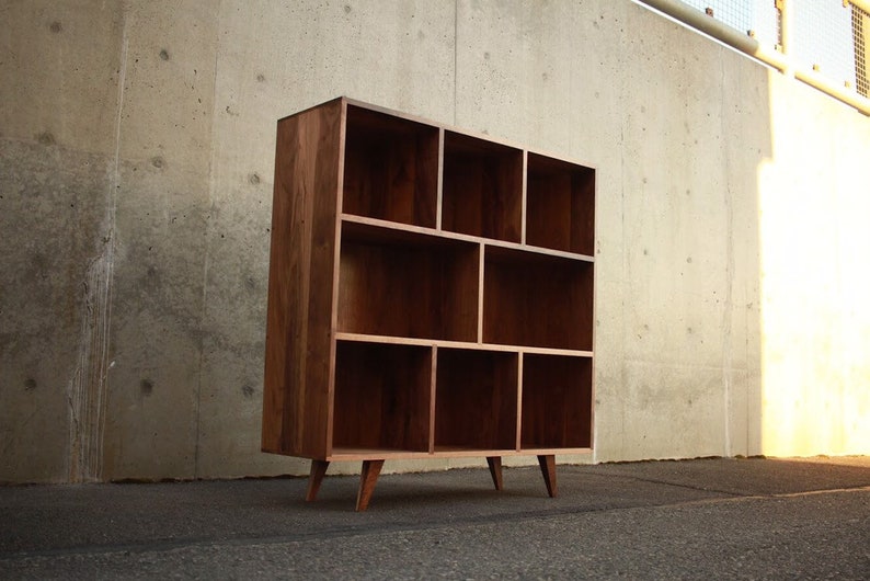 Smith Vinyl LP Console, Mid-Century Modern Bookcase, Solid Hardwood Bookshelf, PNW Made Furniture Shown in Walnut image 1